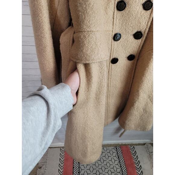 GUESS WOOL BLEND DOUBLE BREASTED CAMEL TAN PEA COAT, SZ SMALL - Picture 4 of 14